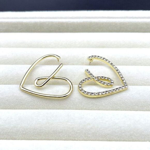 Yellow Gold and White Diamond Crystal Mismatched Heart Post Back Drop Earrings - Picture 5 of 10